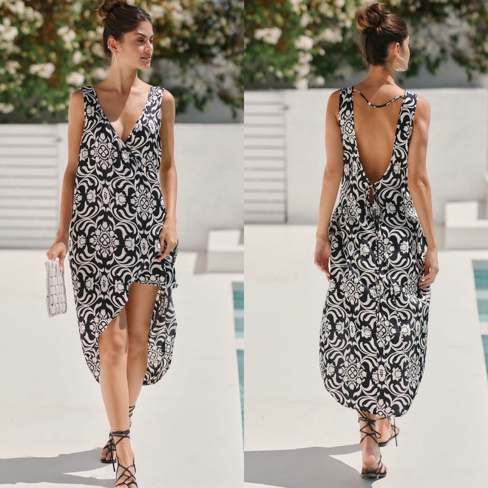 NWT By Anthropologie V-Neck Coverup in Black Motif Size Medium Beach Vacation